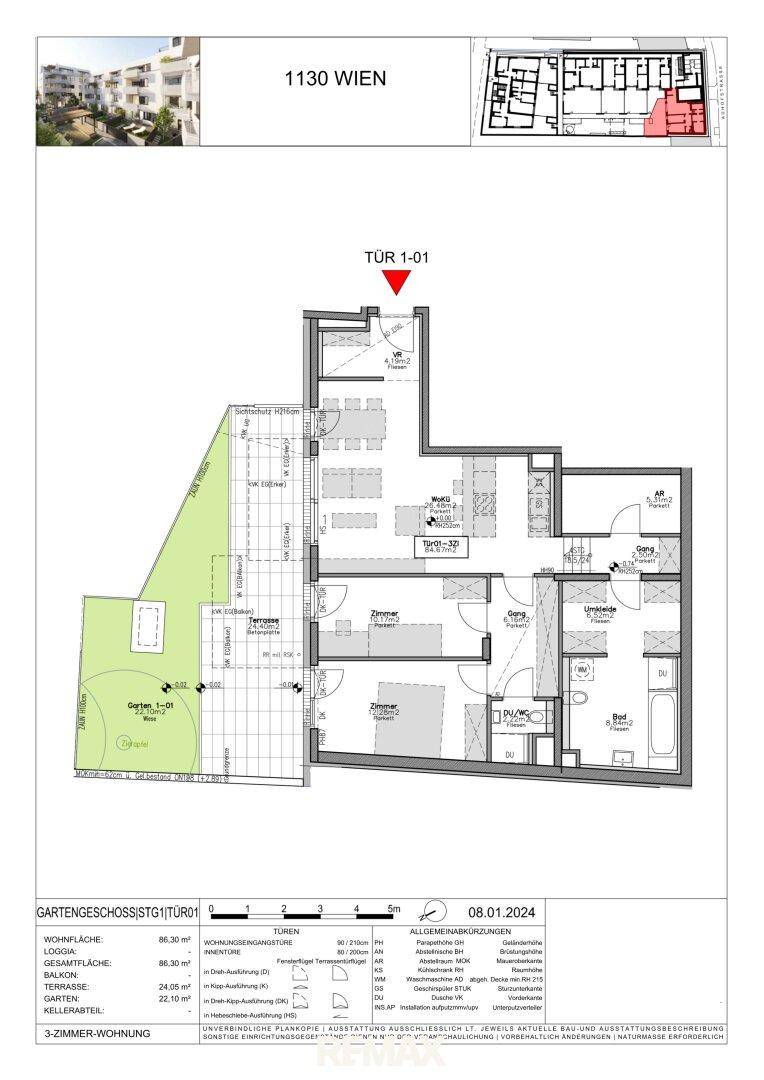 Grundriss einer Wohnung mit offenem Wohnbereich, Garten, Terrasse und Loggia.