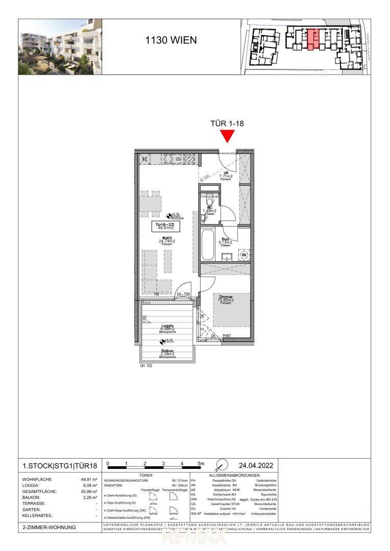 Grundriss einer 2-Zimmer-Wohnung mit offener Wohnküche, Loggia und separatem WC.