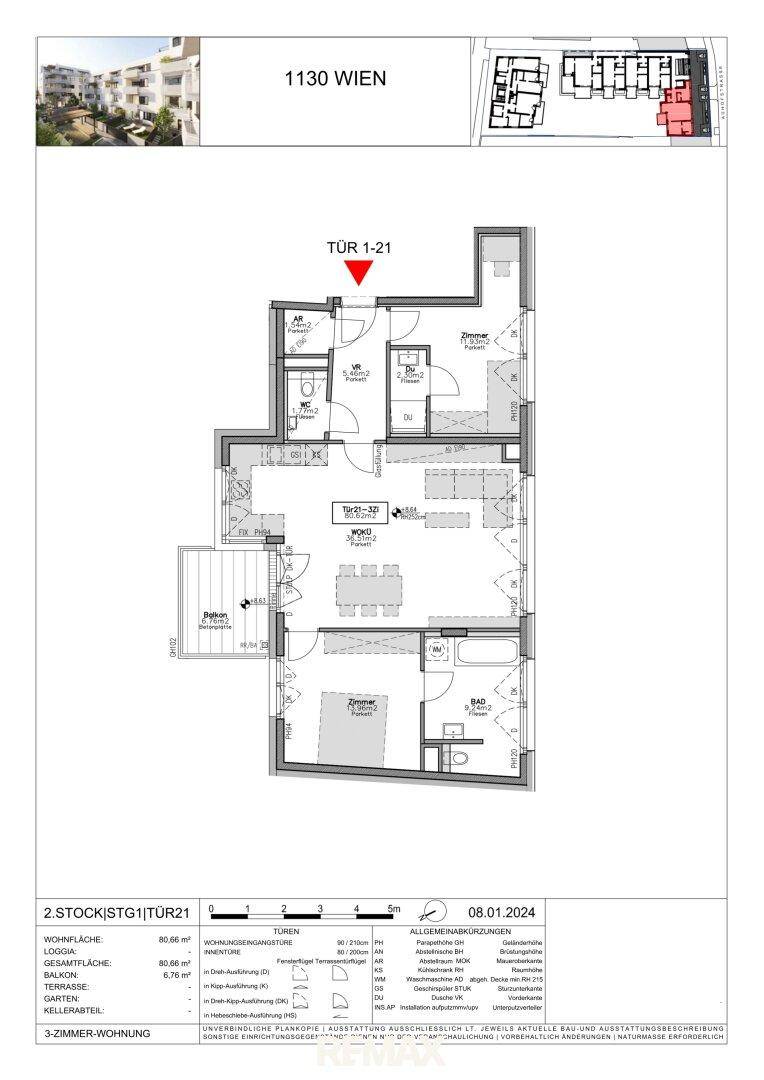 Grundriss einer 3-Zimmer-Wohnung mit offenem Wohnbereich, Balkon und separatem WC.
