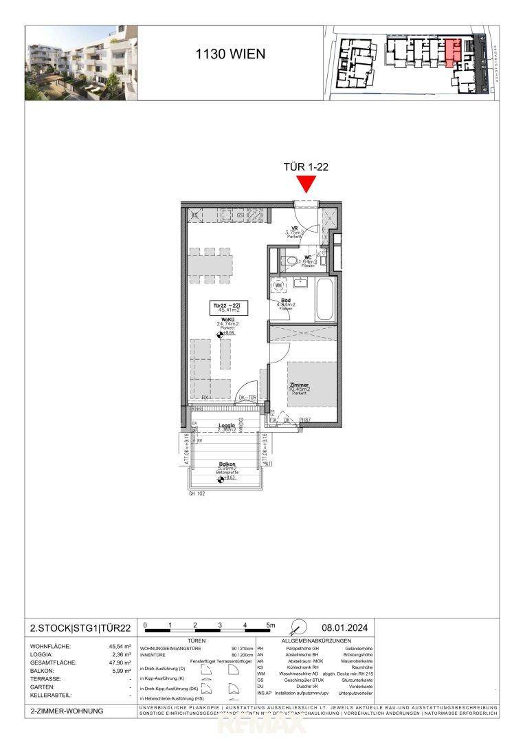 Grundriss einer Zweizimmerwohnung mit Loggia, Balkon und separatem WC.