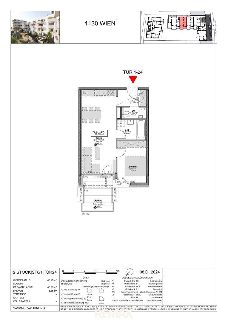 Grundriss einer 2-Zimmer-Wohnung mit offenem Wohnbereich, Schlafzimmer und Balkon.
