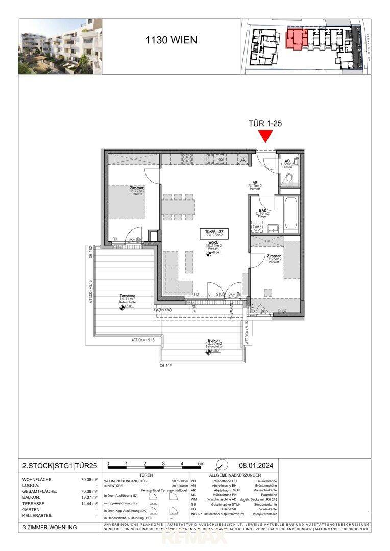 Grundriss einer Wohnung mit offenem Wohnbereich, zwei Schlafzimmern und großer Terrasse.