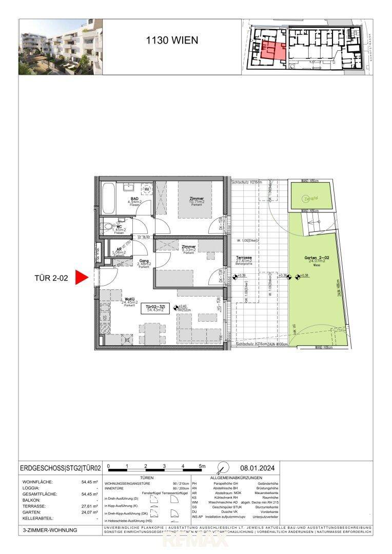 Grundriss einer Erdgeschosswohnung mit Terrasse und Gartenanteil in Wien.