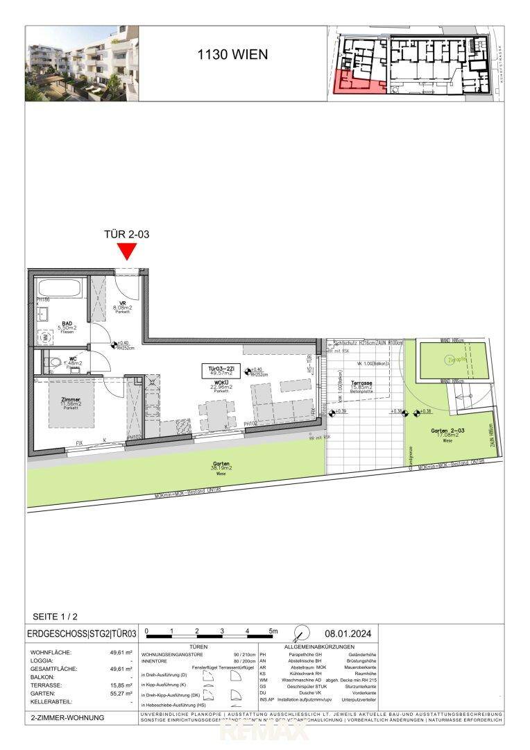 Grundriss einer 2-Zimmer-Wohnung mit Terrasse und privatem Gartenbereich.