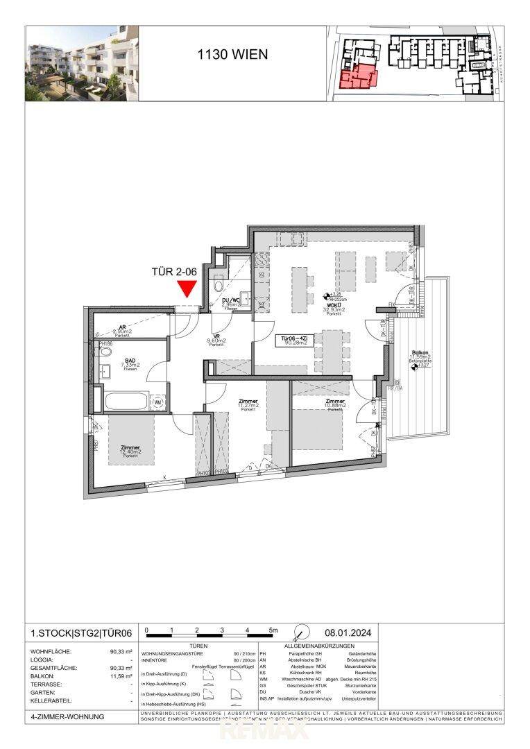 Detaillierter Grundriss einer 4-Zimmer-Wohnung mit Balkon und offener Wohnküche.