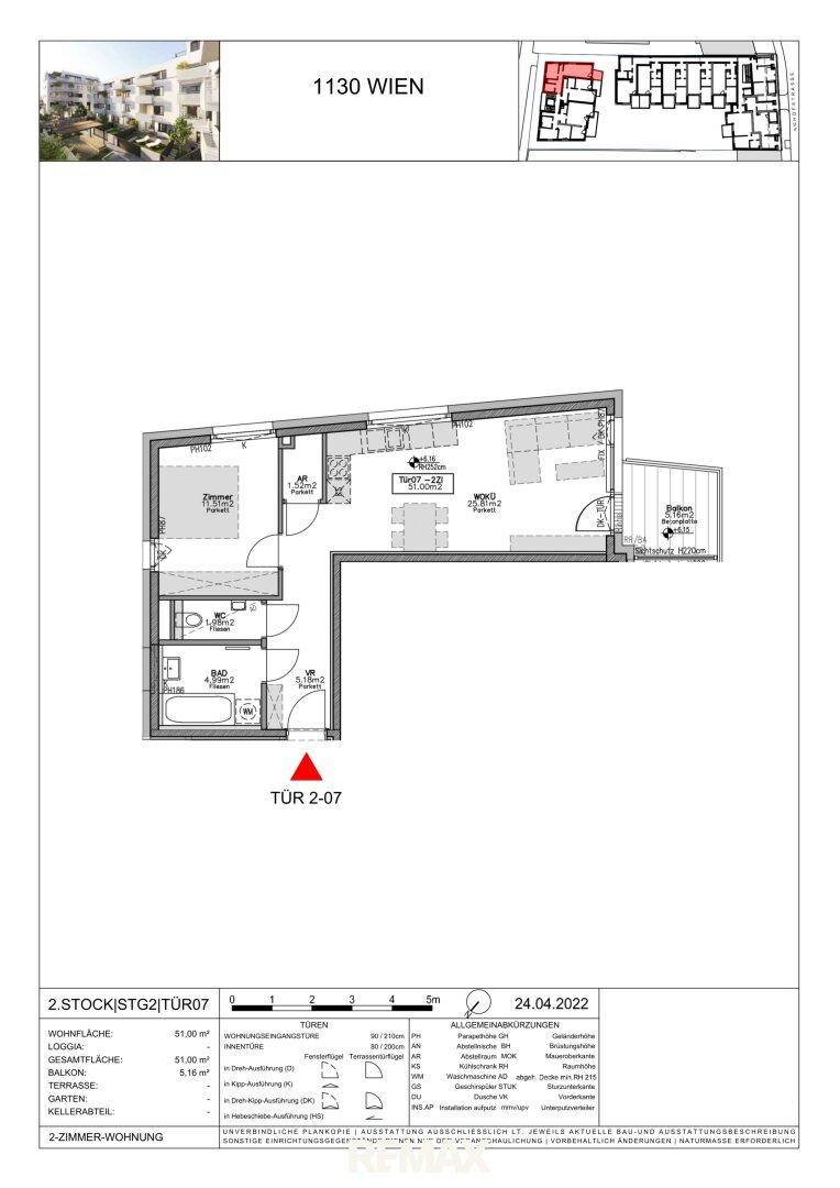 Grundriss einer 2-Zimmer-Wohnung mit offenem Wohnbereich, Bad und separatem WC sowie Balkon.