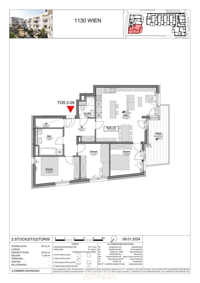 Grundriss einer Wohnung mit offenem Wohnbereich, mehreren Zimmern und Balkon.