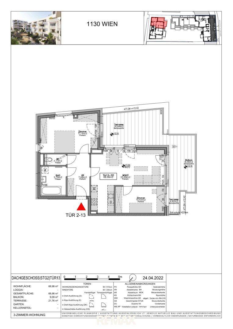 Grundriss einer Dachgeschosswohnung mit offenem Wohnbereich, zwei Bädern und großer Terrasse.