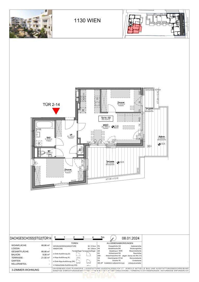 Detaillierter Grundriss einer Dachgeschosswohnung mit Terrasse und Balkon.