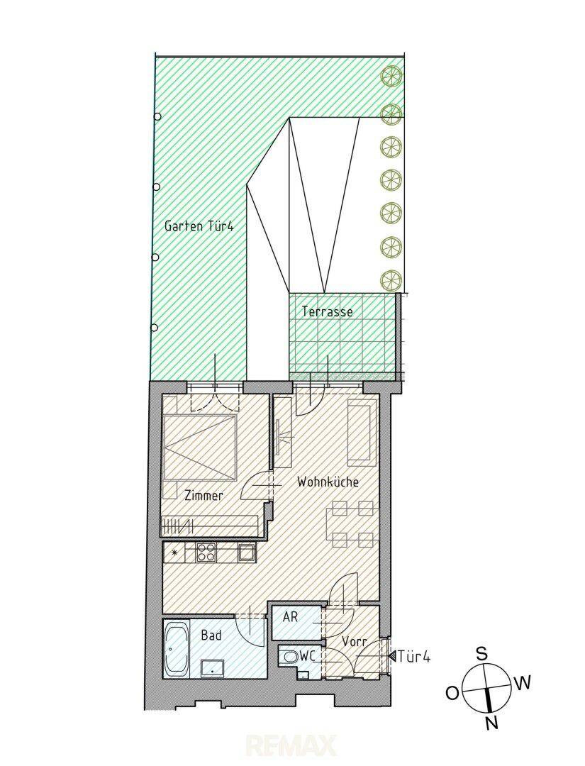 Grundriss zeigt eine Wohnung mit Wohnküche, Schlafzimmer, Bad, WC, Terrasse und Garten.