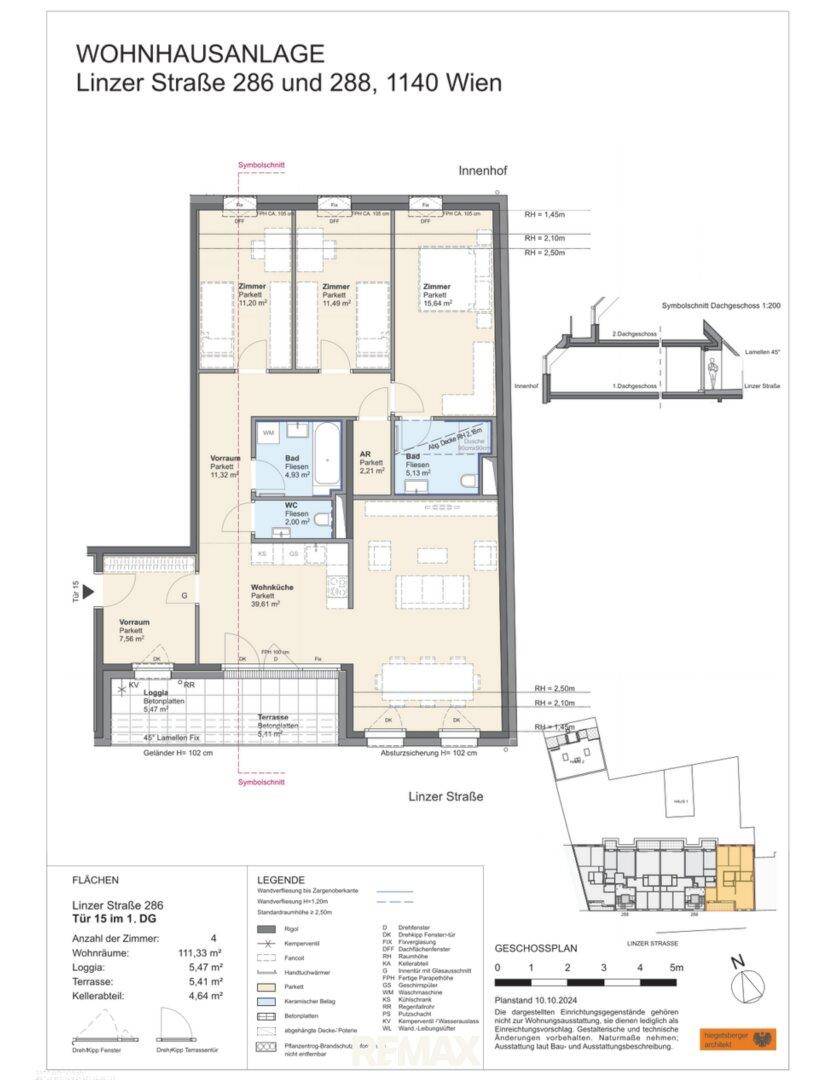 Grundriss einer Wohnung mit offenem Wohnbereich, zwei Bädern und Zugang zu Loggia und Terrasse.
