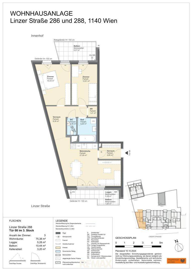 Detaillierter Grundriss einer Wohnung mit offenem Wohnbereich, mehreren Zimmern und Balkonen.