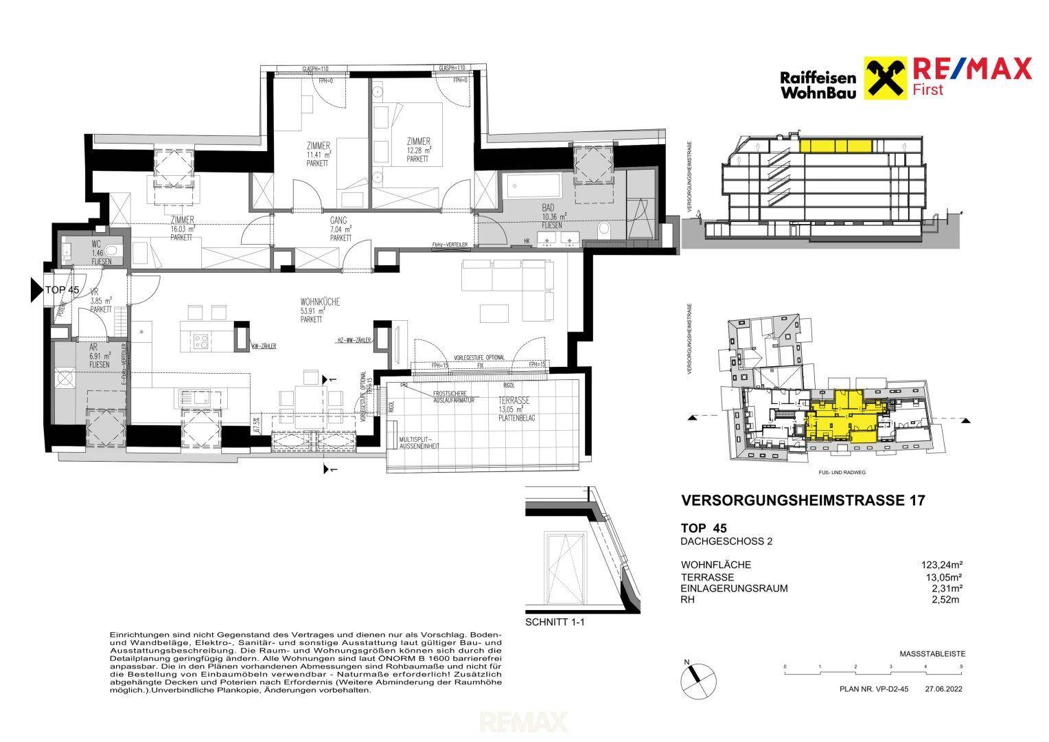 Detaillierter Grundriss der Wohnung TOP 45 mit Wohnfläche, Terrasse und Einlagerungsraum.