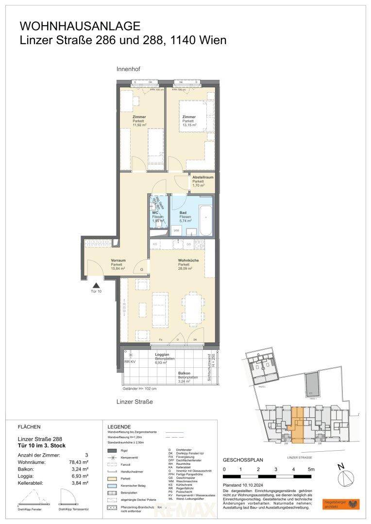 Grundriss einer Wohnung mit offenem Wohnbereich, Loggia, zwei Schlafzimmern und separatem WC.