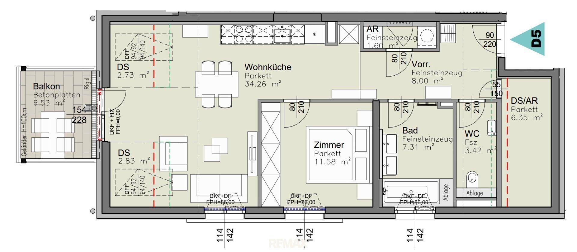 Detaillierter Grundriss der Wohnung mit Raumaufteilung und Balkon.