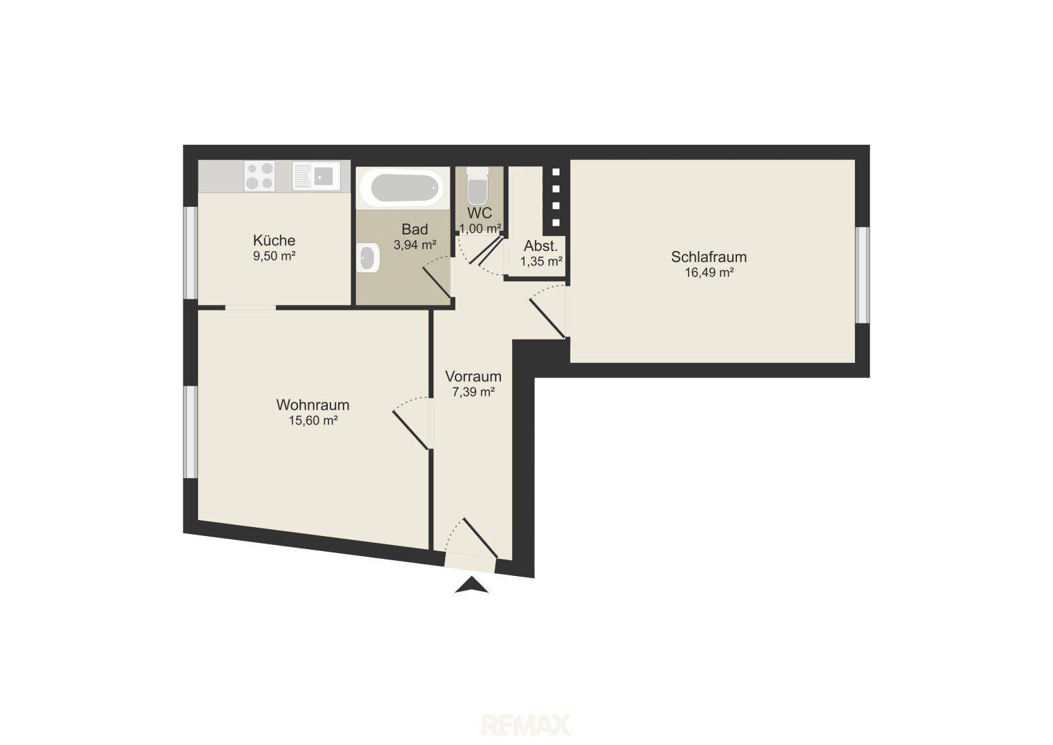 Grundriss der Wohnung mit Küche, Bad, WC, Abstellraum, Vorraum, Wohnraum und Schlafzimmer.