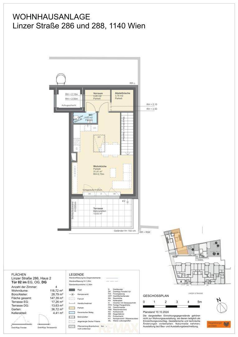 Grundriss einer weiteren Etage mit Wohnküche, Bad, WC und Zugang zu einer Terrasse.