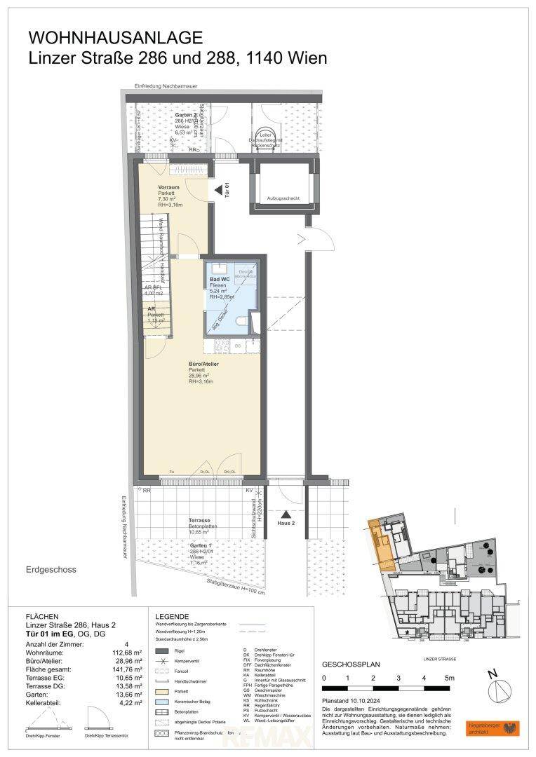 Grundriss des Erdgeschosses mit Terrasse, Garten und offenem Wohnbereich.