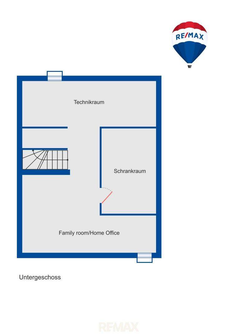 Grundriss des Untergeschosses mit Technikraum, Schrankraum und einem flexiblen Familien-/Büroraum.