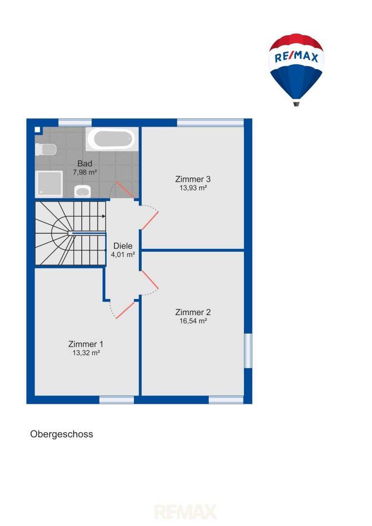 Grundriss des Obergeschosses mit drei Schlafzimmern, einem Badezimmer und Diele.