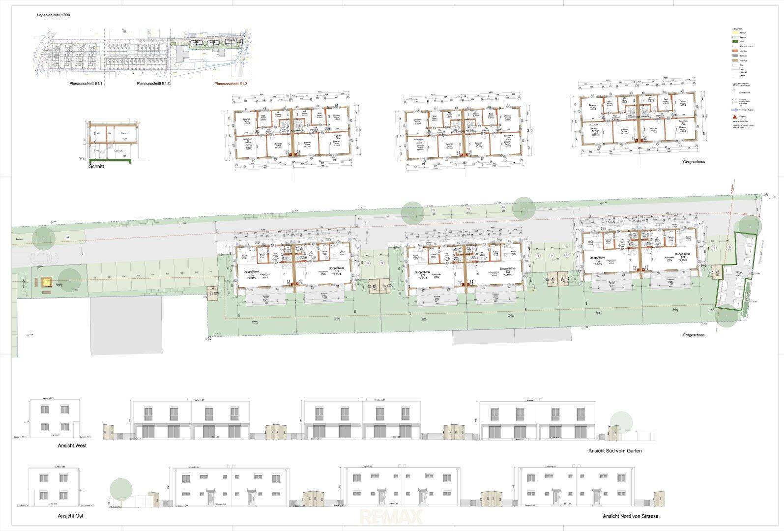 Detaillierte architektonische Pläne mit Grundrissen, Ansichten und einem Lageplan für mehrere Wohneinheiten.