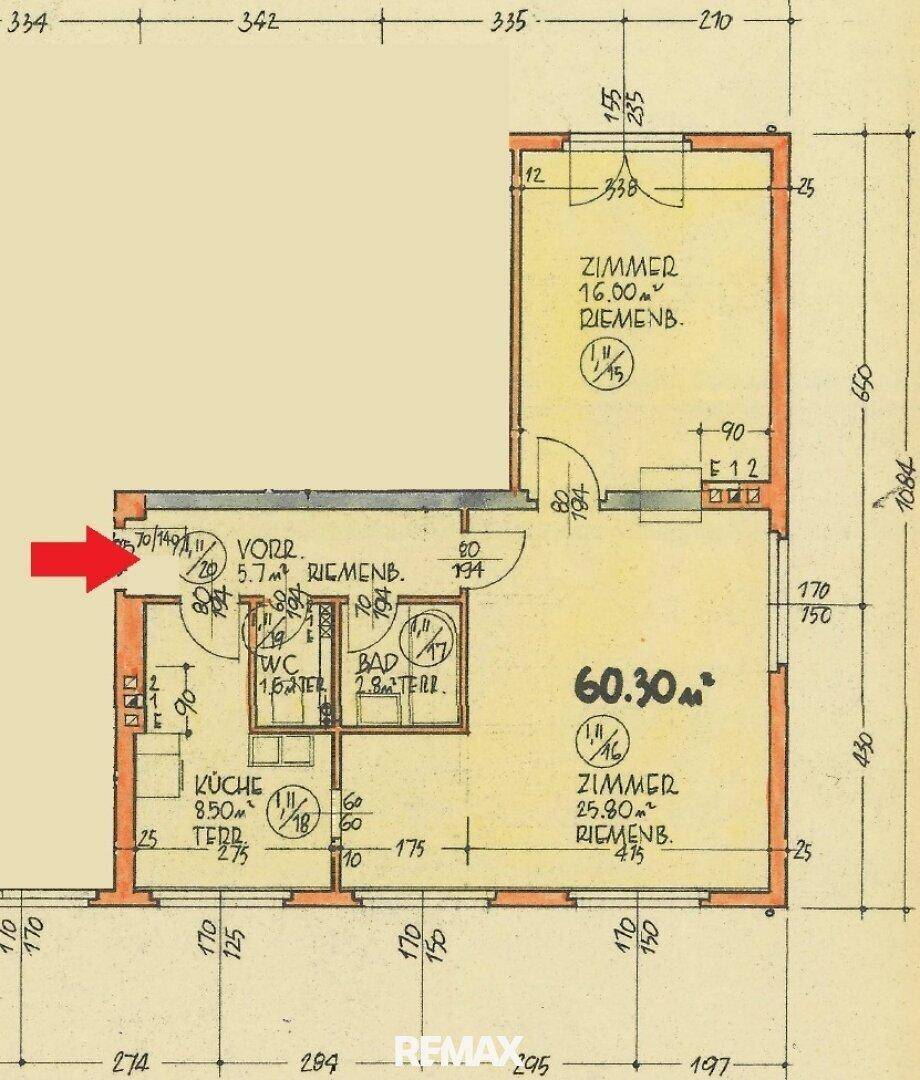 Grundriss einer Wohnung mit 60.30m² und mehreren Zimmern, inklusive Balkon und separatem WC.