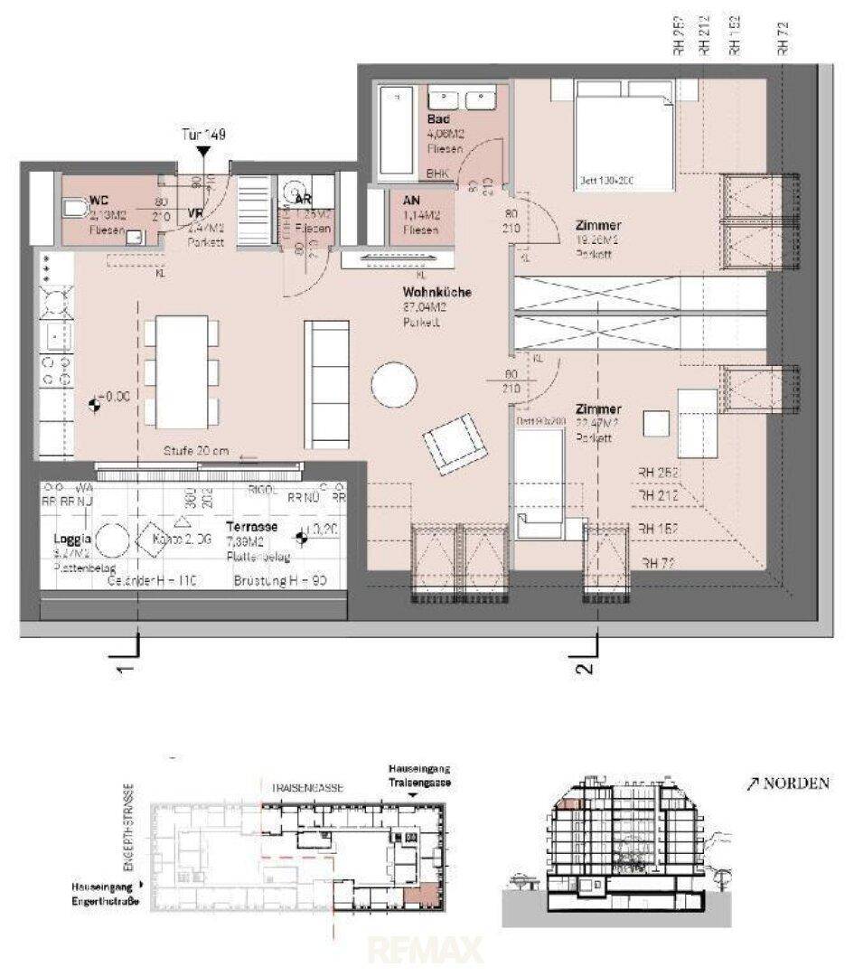 Detaillierter Grundriss einer Wohnung mit Loggia und Terrasse.