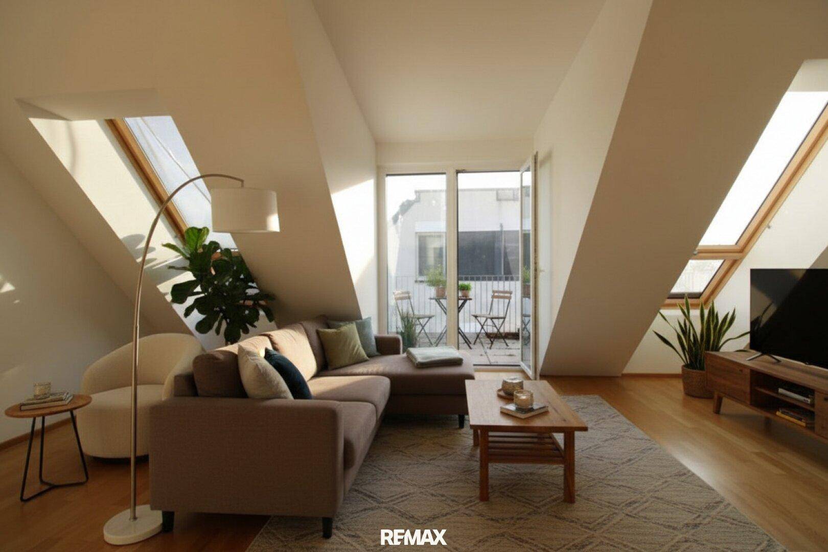 Helles Wohnzimmer mit Dachschrägen, Parkettboden, Zugang zum Balkon und modernen Möbeln.