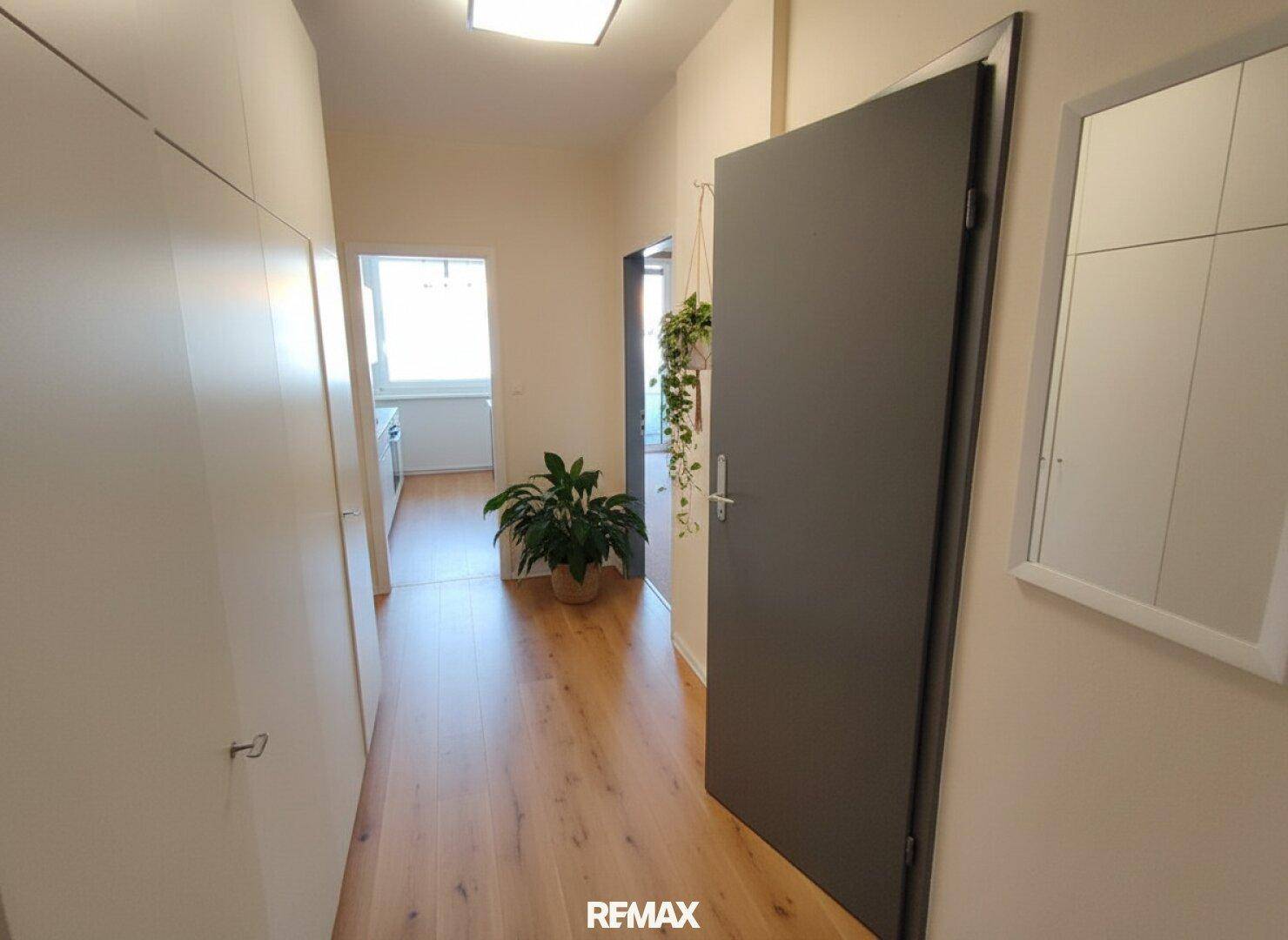 Heller, renovierter Flur mit Einbauschränken, Holzboden und einer Zimmerpflanze als Dekoration.