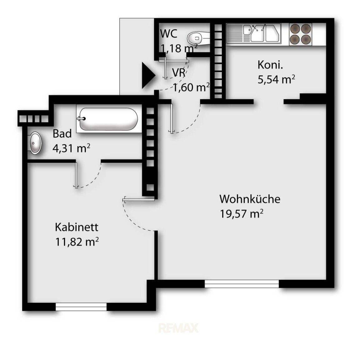Digitalisierter Grundriss mit detaillierter Raumaufteilung und Flächenangaben.