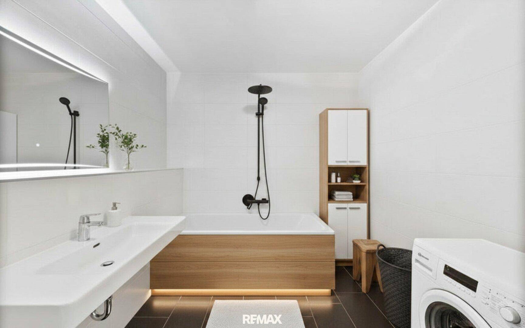 Modernes Badezimmer mit Badewanne, Waschbecken, Waschmaschine und eleganten Holzdetails.