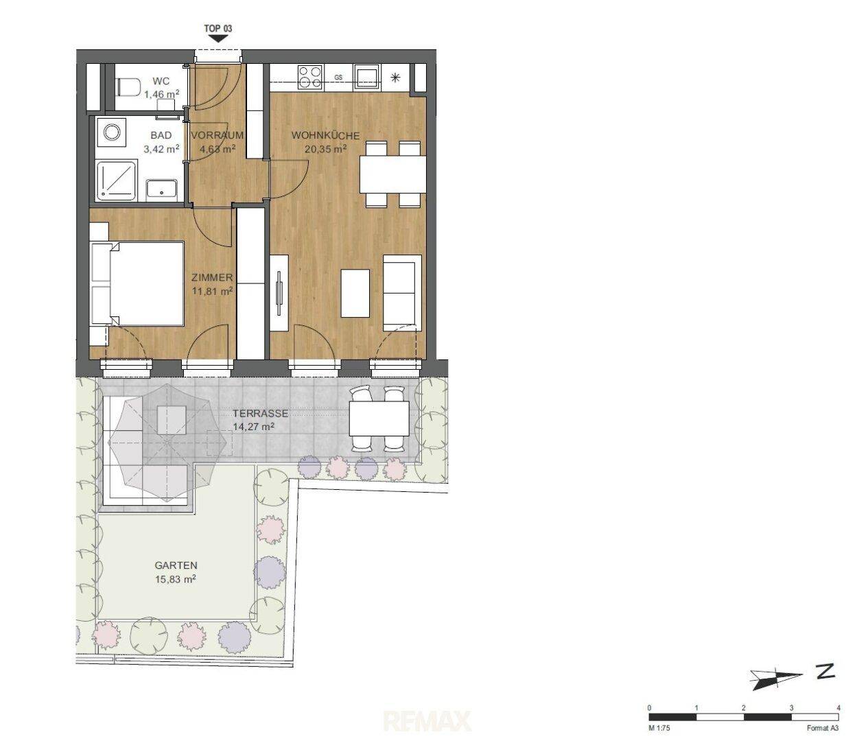Grundriss einer Wohnung mit Wohnküche, Schlafzimmer, Bad, WC, Terrasse und Garten.