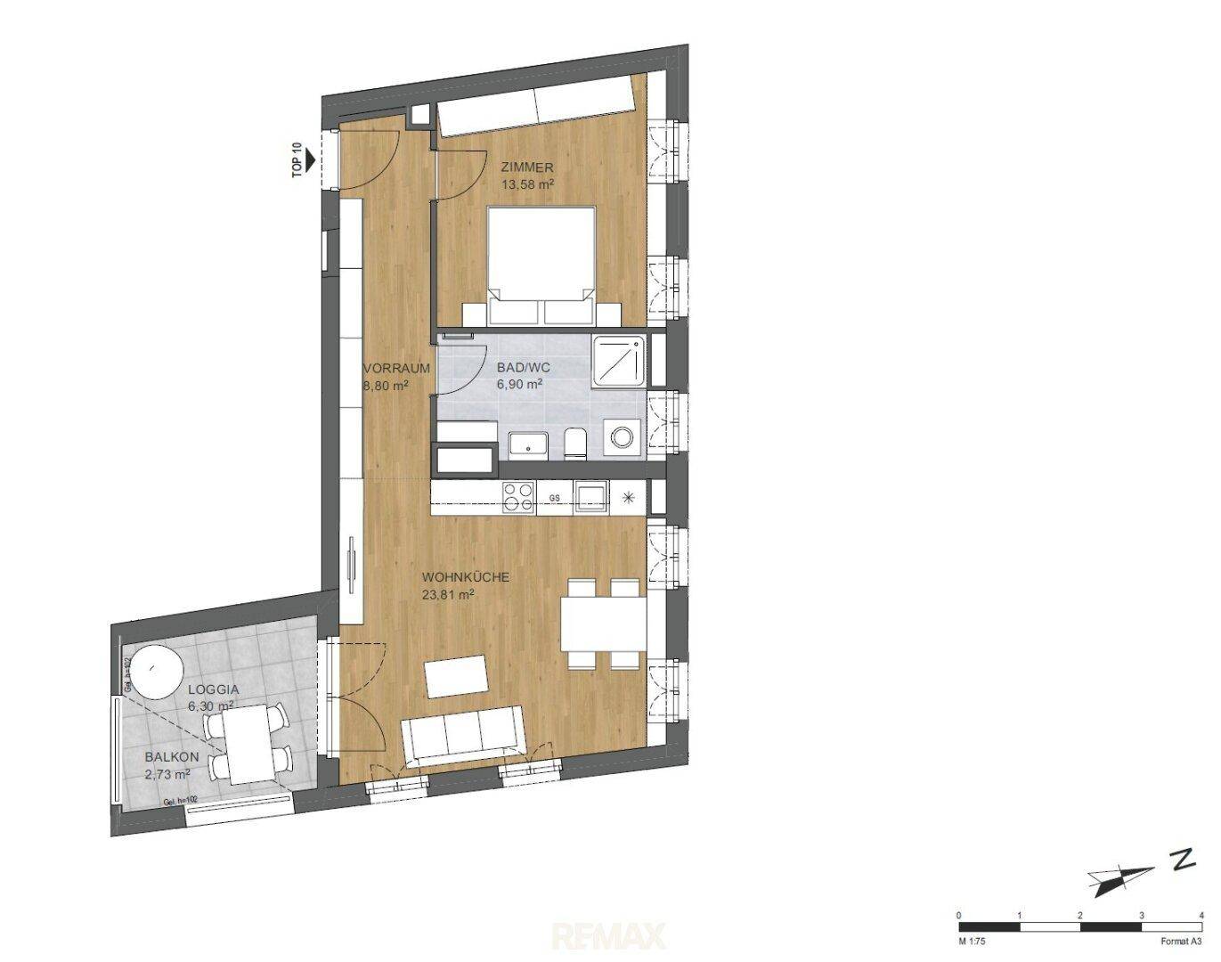Grundriss einer Wohnung mit Loggia, Balkon und offenem Wohn-Essbereich.
