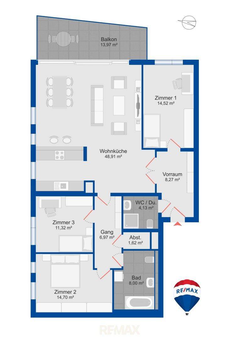 Detaillierter Grundriss einer Wohnung mit drei Zimmern, Wohnküche und Balkon.