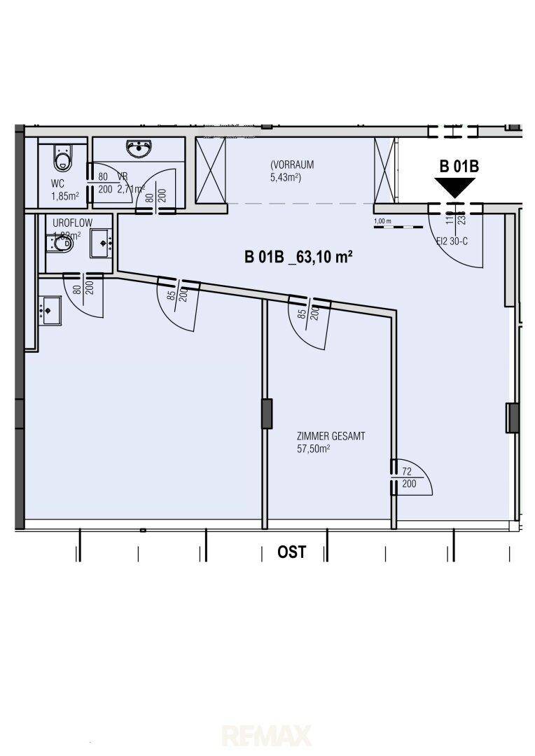 Grundrissplan einer Einheit B 01B mit 63,10 m², aufgeteilt in Zimmer, Vorraum und WC-Bereiche.