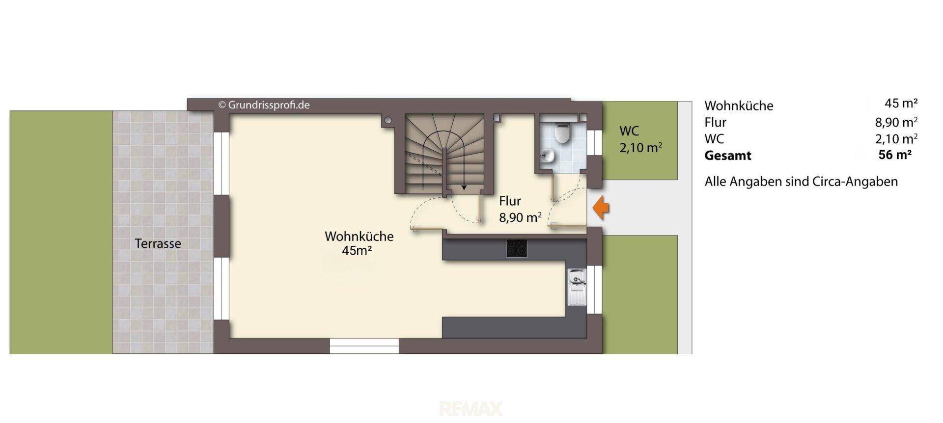 Grundriss des Erdgeschosses mit Wohnküche, WC und Terrasse.