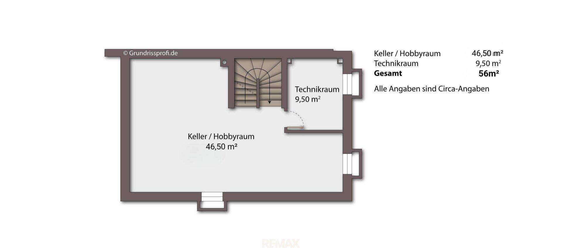 Grundriss des Kellergeschosses mit Hobbyraum und Technikraum.