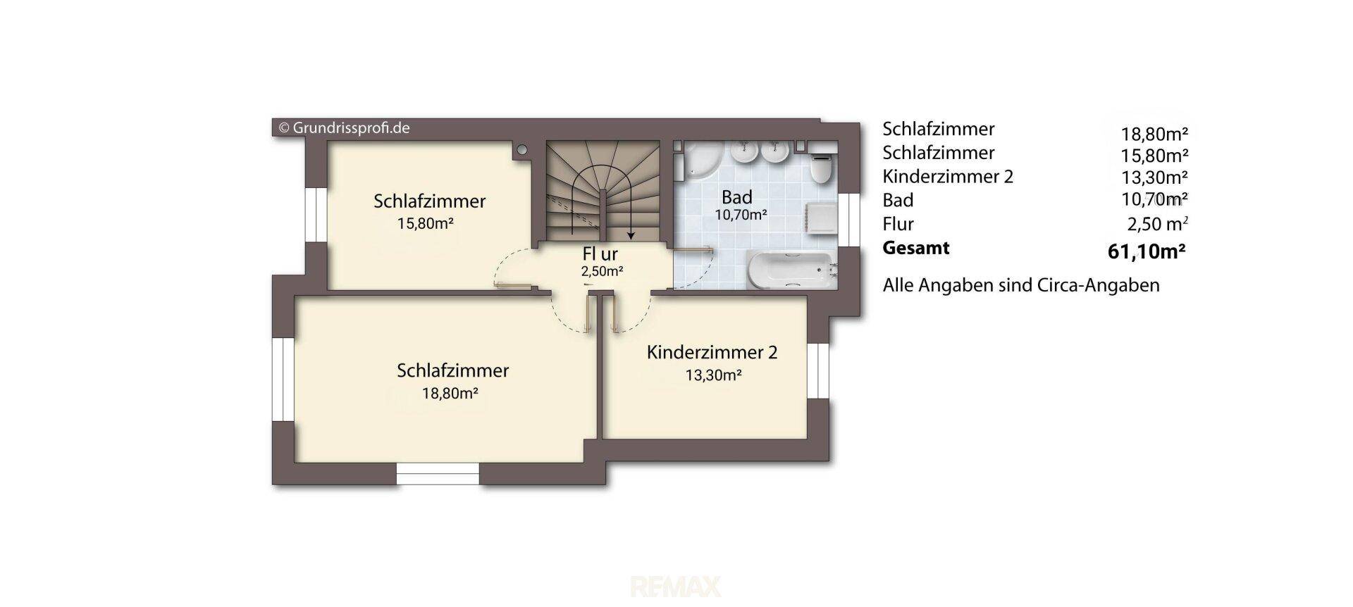 Grundriss eines Obergeschosses mit drei Schlafzimmern, einem Badezimmer und einem Treppenaufgang.