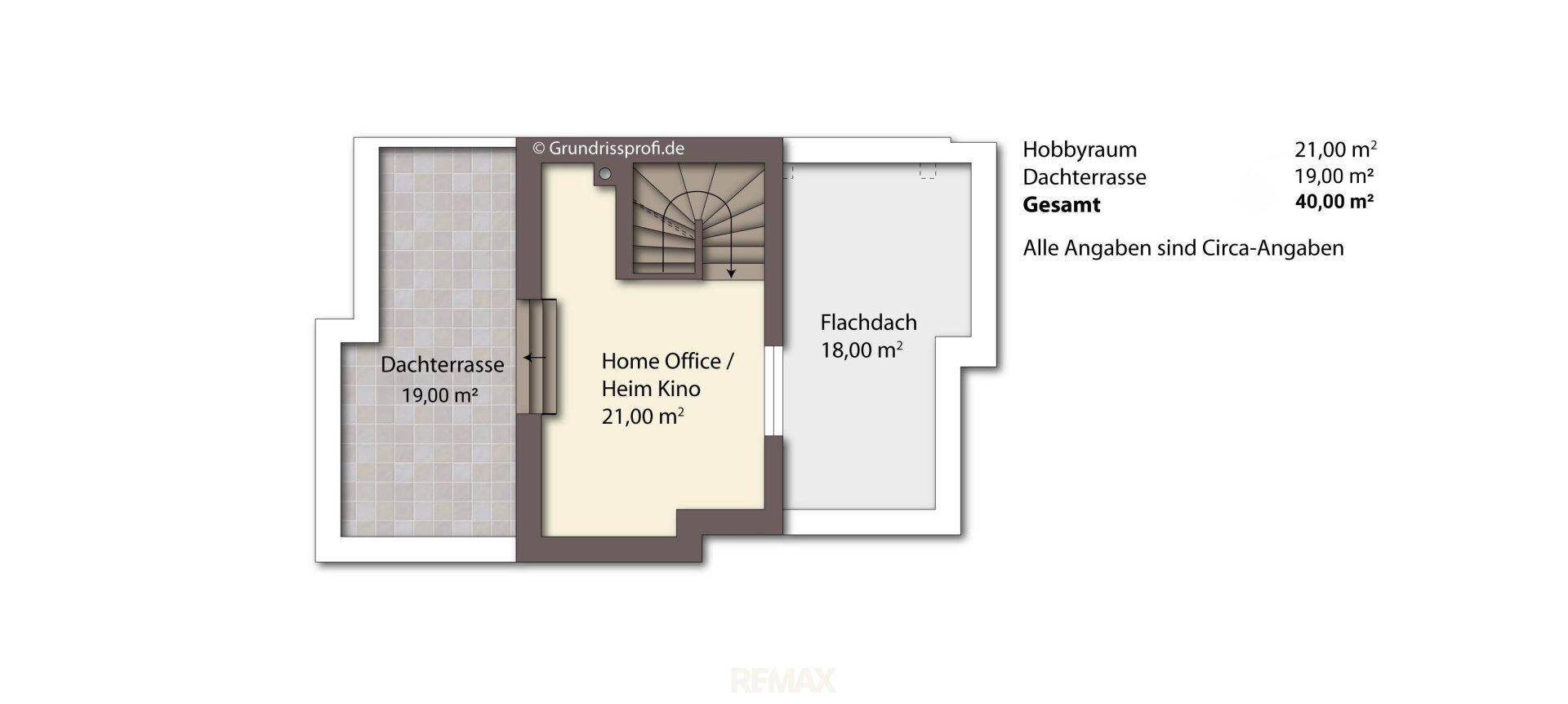 Grundriss eines Dachgeschosses mit Hobbyraum, Home Office, Flachdach und großer Dachterrasse.