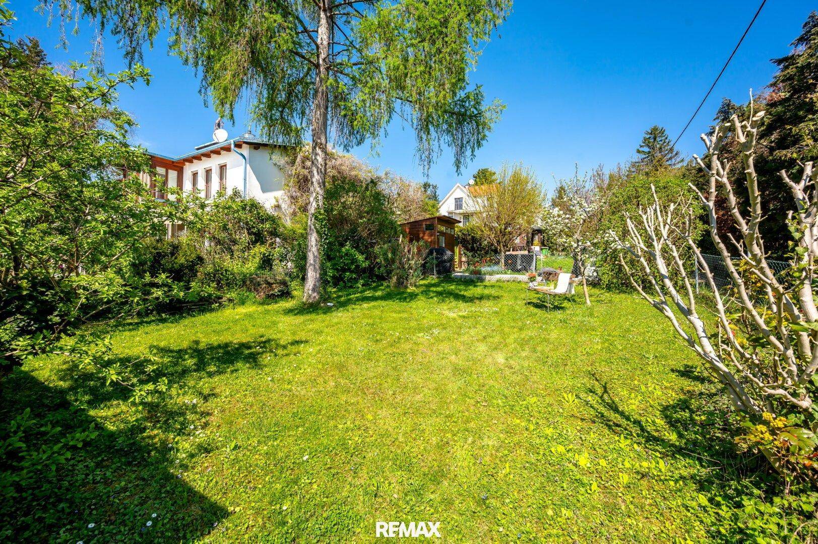 Weitläufiger Gartenbereich mit gepflegtem Rasen, umgeben von Bäumen und Sträuchern, mit Blick auf das Wohnhaus.