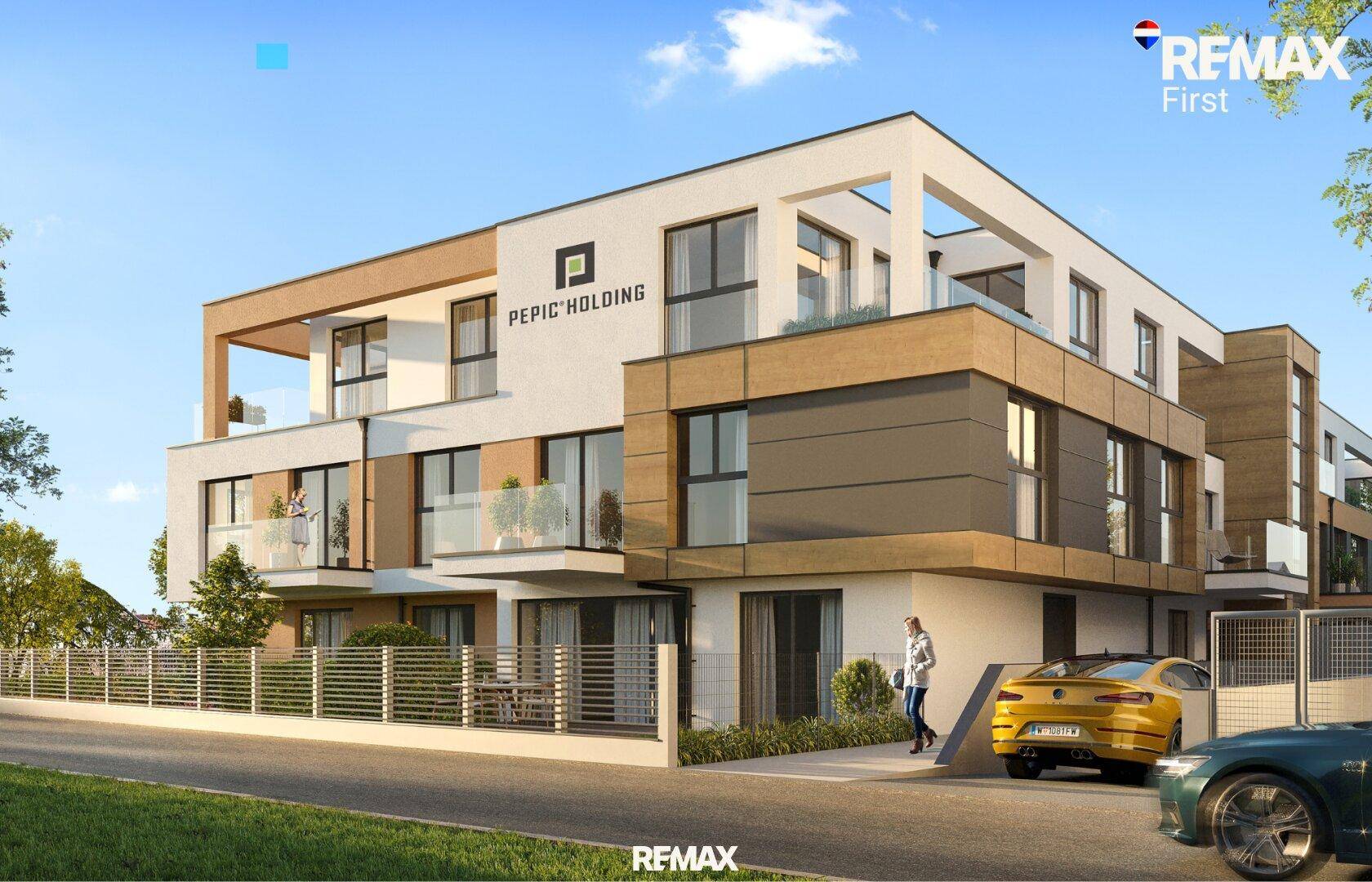 Moderne Wohnanlage mit ansprechender Architektur und Balkonen.