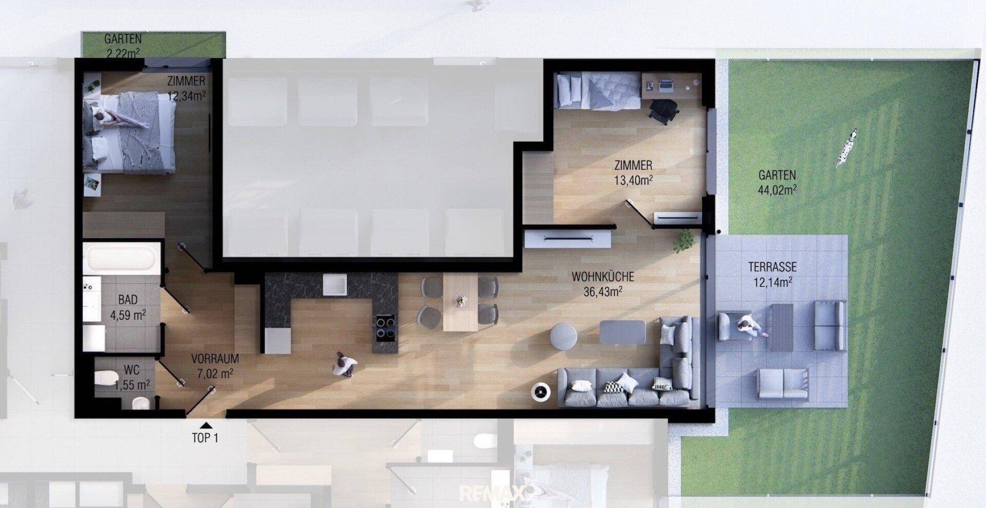 Detaillierter Grundriss einer Wohnung mit Wohnküche, zwei Zimmern, Bad, WC und großzügiger Terrasse mit Garten.