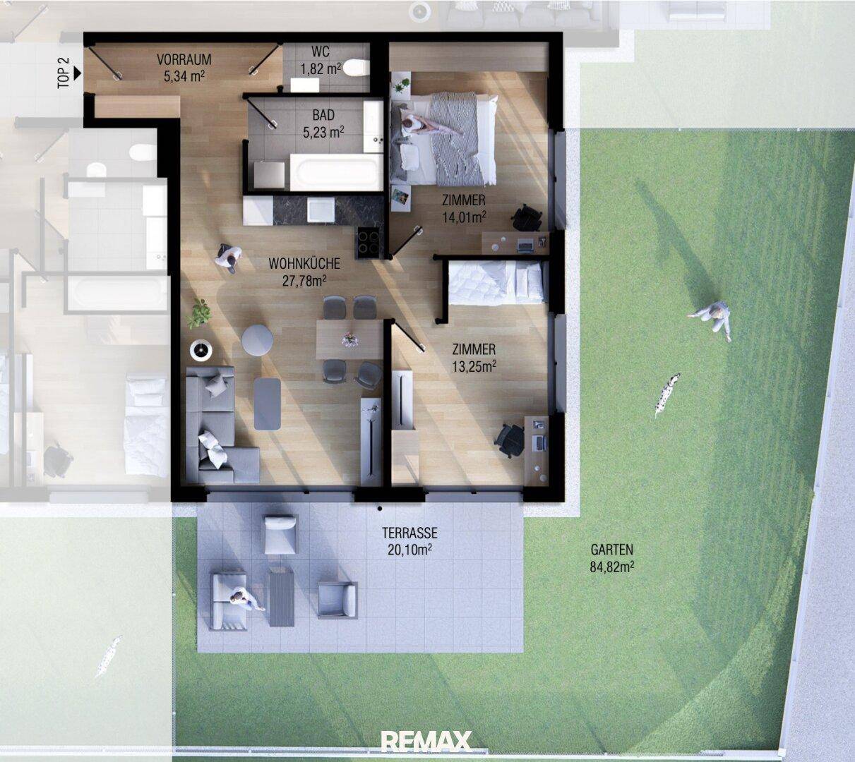 Grundriss einer Wohnung mit offener Wohnküche, zwei Schlafzimmern, Terrasse und Garten.