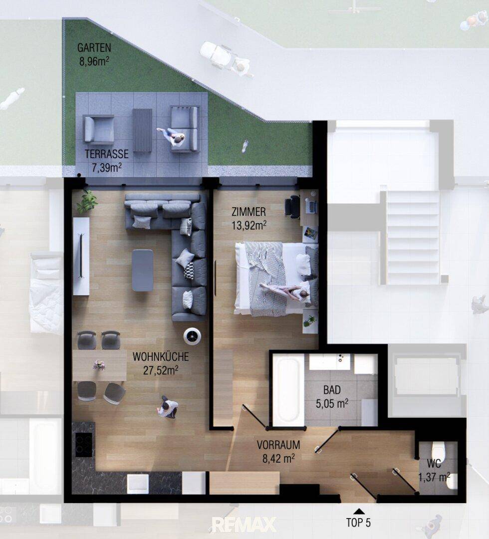 Detaillierter Grundriss von Top 5 mit Wohnküche, Schlafzimmer, Bad und Terrasse.