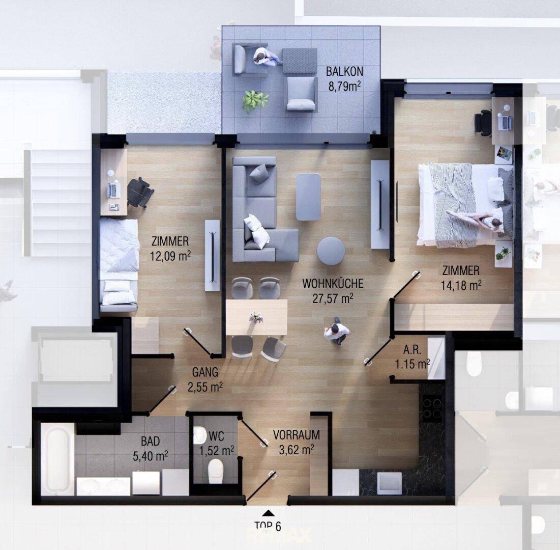 Grundriss einer Wohnung mit zwei Zimmern, Wohnküche und Balkon.