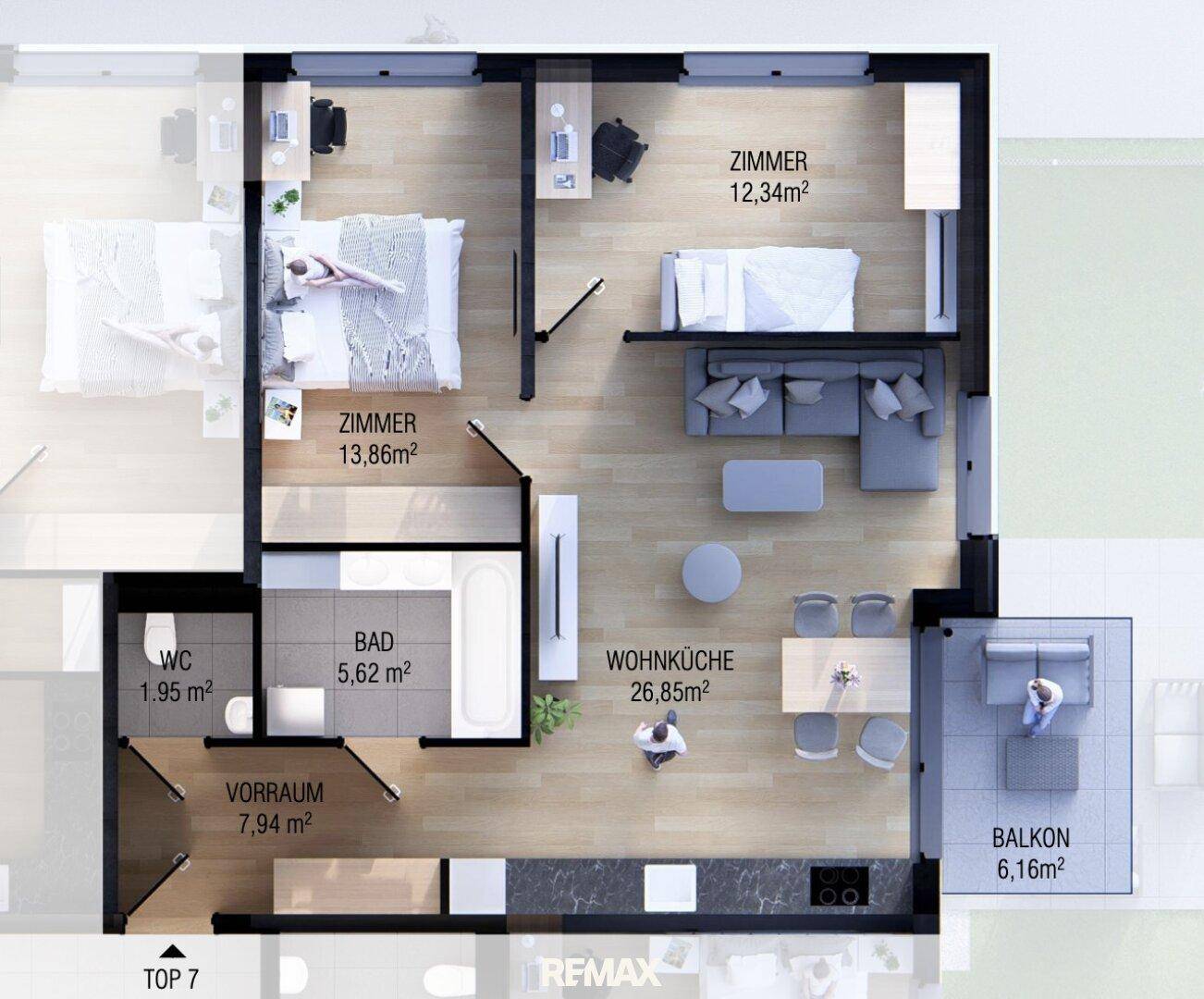 Detaillierter Grundriss einer Wohnung mit drei Zimmern, Wohnküche und Balkon.