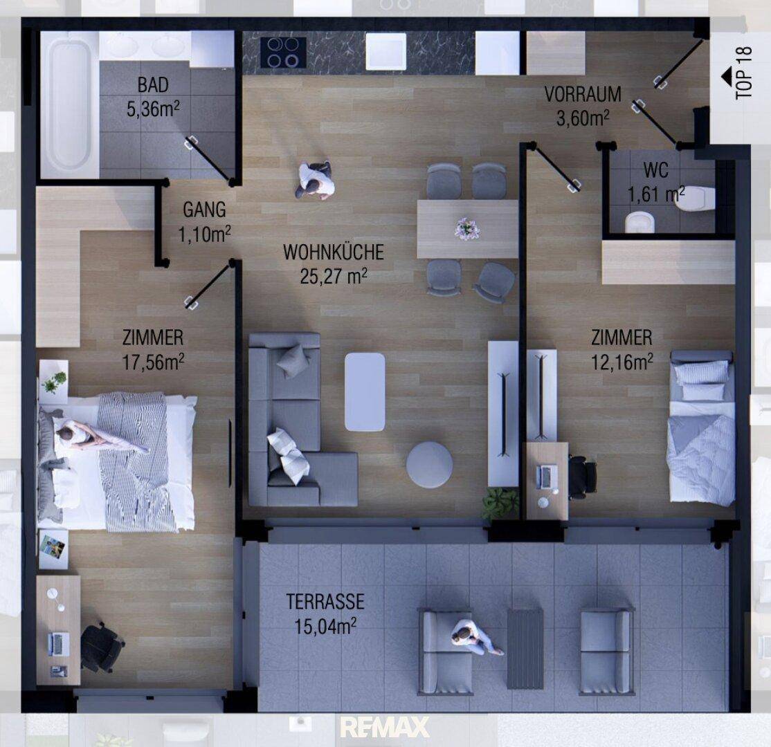 Detaillierter Grundriss einer Wohnung mit zwei Schlafzimmern, Wohnküche und großer Terrasse.