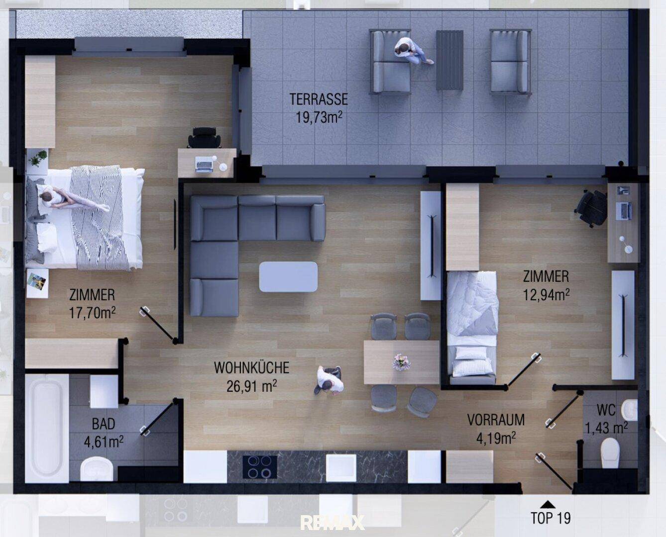 Grundriss einer Wohnung mit Wohnküche, Schlafzimmer, Bad und großer Terrasse.