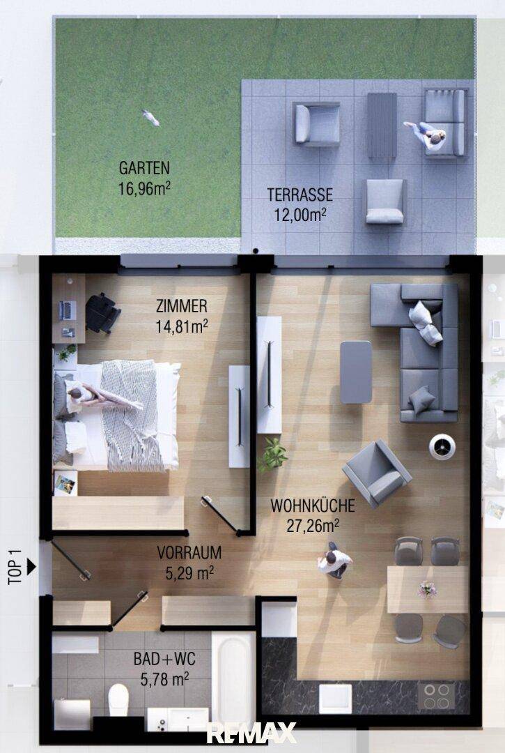Detaillierter Grundriss einer Wohnung mit Wohnküche, Schlafzimmer, Bad und Zugang zu Terrasse und Garten.