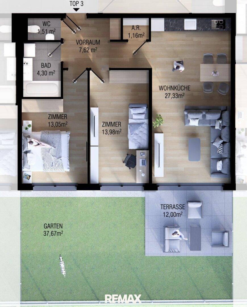 Grundriss der Wohnung Top 3 mit Wohnküche, zwei Zimmern, Bad, WC, Terrasse und Garten.